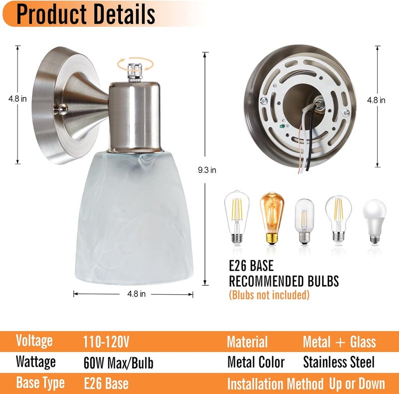 EJIAXIN Wall Sconces Set of 2, Brushed Nickel Vanity Lights for Bathroom, Modern Wall Light Fixtures with Rotary Switch, Wall Mount Light with Frosted Glass, Farmhouse Lamp for Bedroom Living Room - Image 2